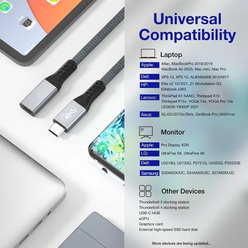 Thunderbolt 4 USB C Extension Cable USB4 Gen3 Extend 40Gbps Data Cable 8K@60Hz PD 5A/100W USB3.2 for MacBook Pro External SSD