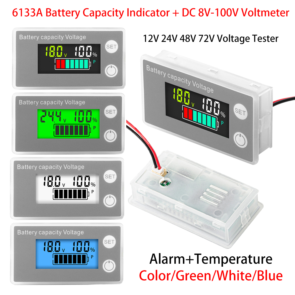 6133A Battery Capacity Indicator DC 8V-100V LCD Digital Voltmeter Electricity Meter 12V 24V 48V 72V Voltage Tester Battery Gauge