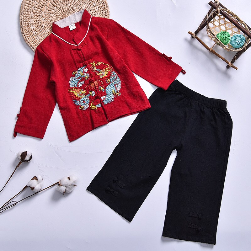 Chinese traditionele hanfu draak borduurwerk kinderen tang pak blouse jongen kungfu kleding meisje chinese top broek kind vintage feest: Kleur 1 / Hoogte 90cm