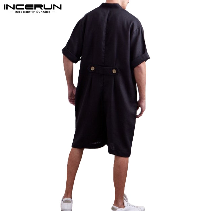 Streetwear Mens Romper Short Sleeve Solid Button Big Pockets Jumpers Vacation Overalls Cargo Suits Casual Rampers Pants