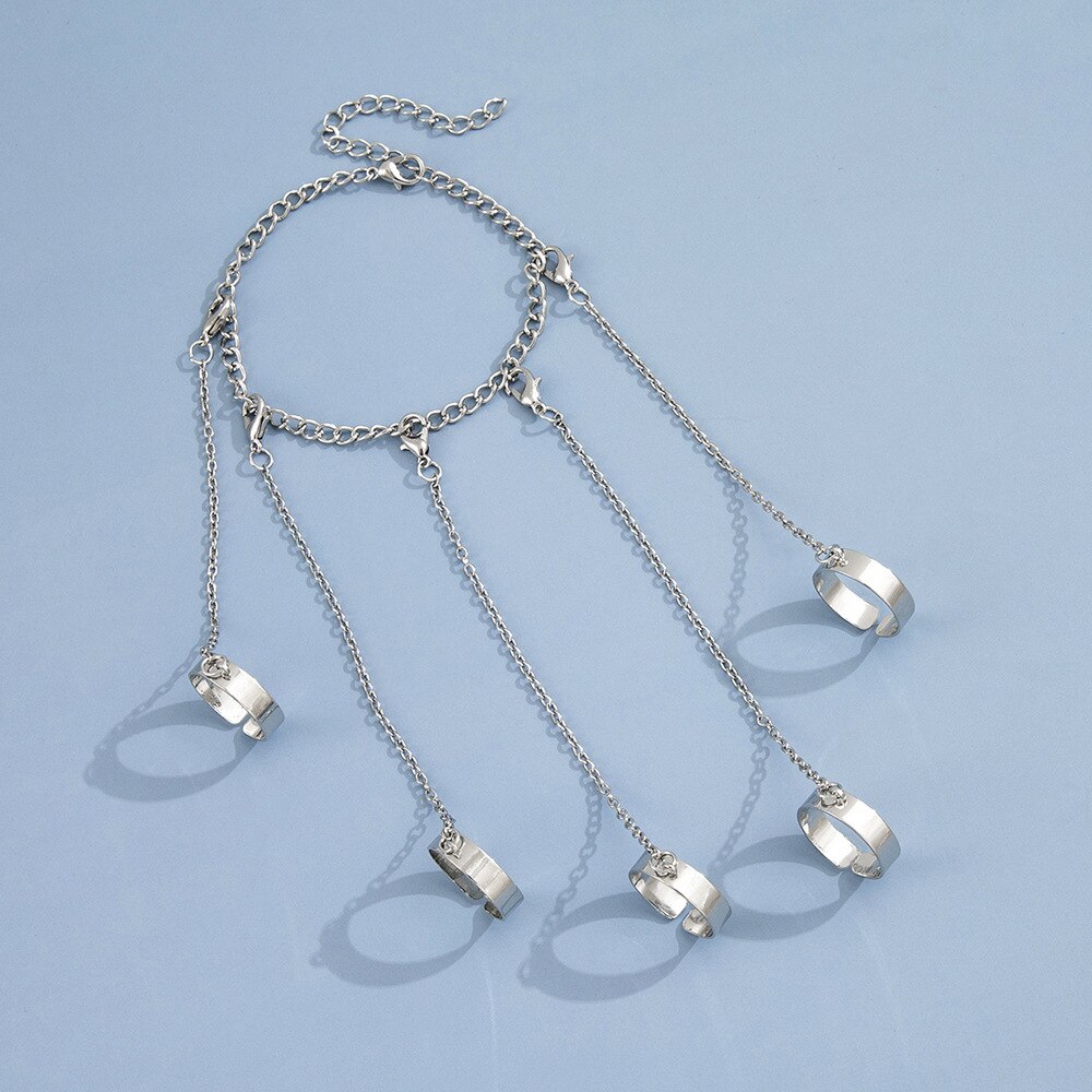 Pulsera de cadena geométrica Punk para hombre y mujer, brazalete con borla de dedo conectada de Color plateado, anillo ajustable, de joyería de Hip Hop para Club