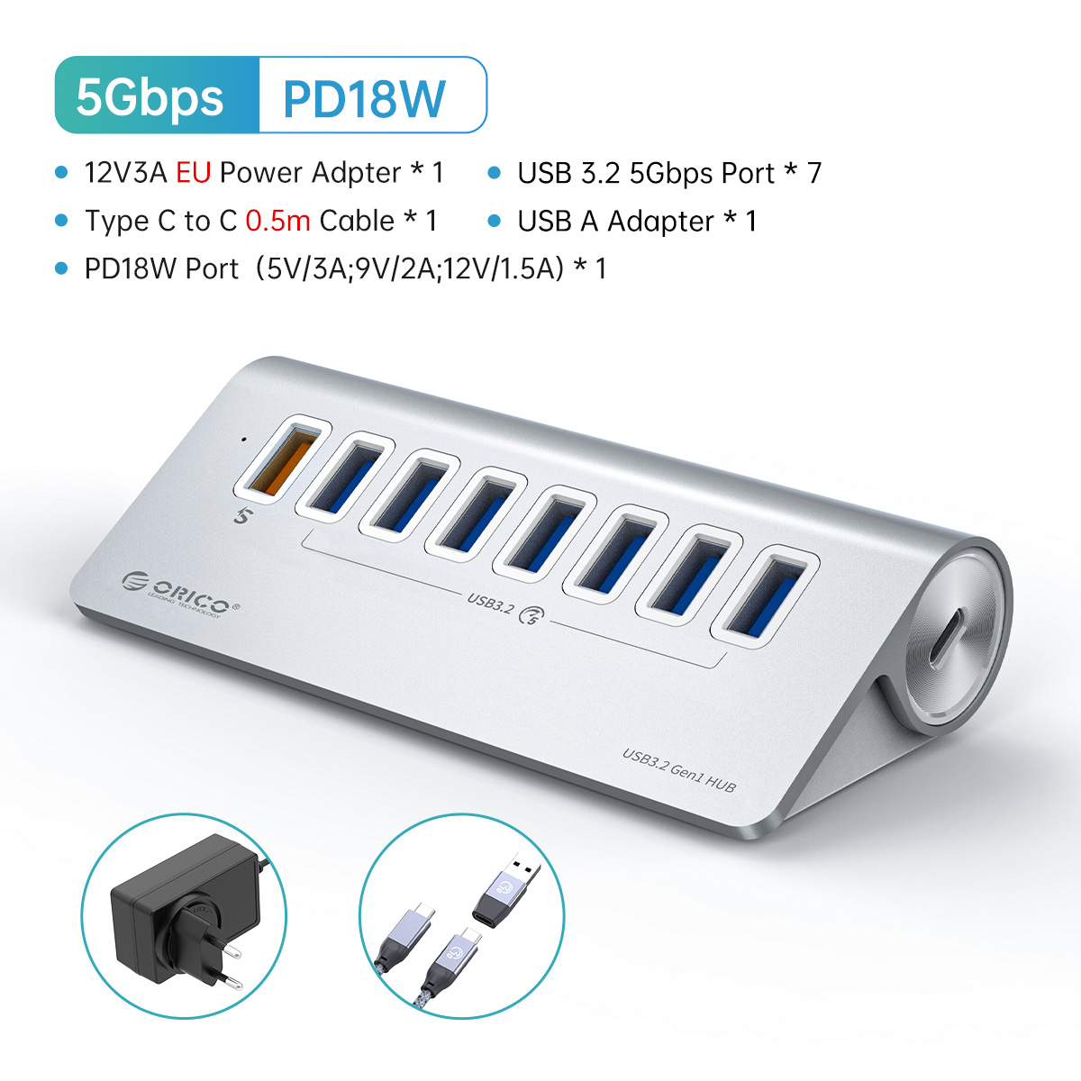 ORICO Aluminiumbetriebener USB3.0-Hub, 7/10 Häfen, USB-Verlängerung mit Schaltern, 12-V-Netzteil, unterstützt BC1.2-Ladesplitter: Braun