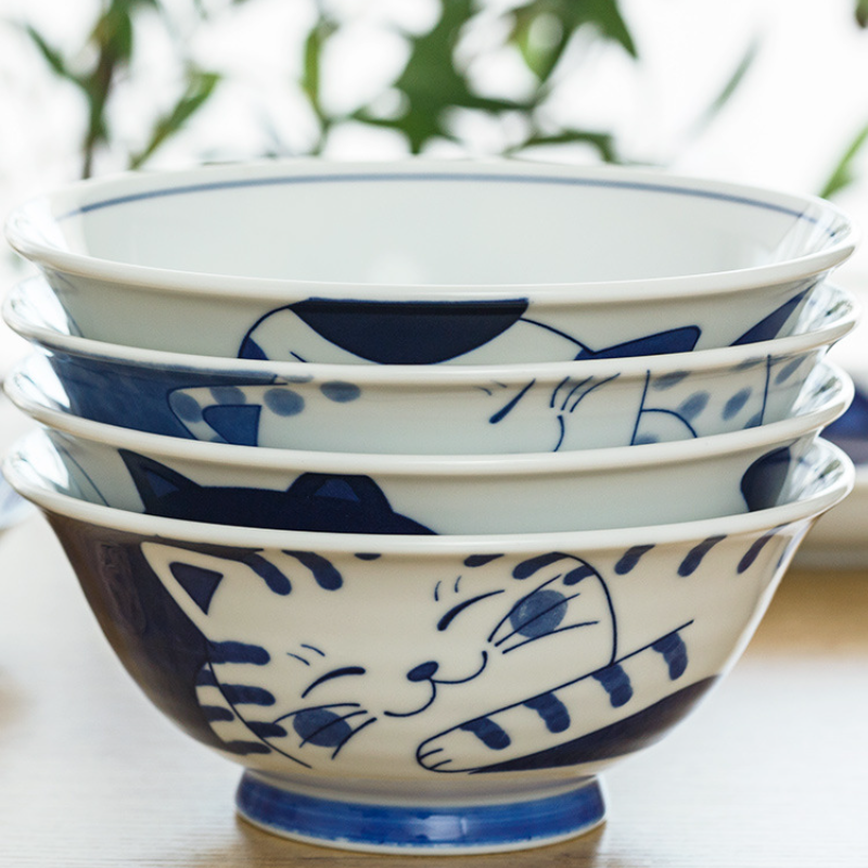 Cute Cat Ceramic Tableware Underglaze Ceramic Noodle Bowl Japanese Blue and White Plate Dessert Plate Bowls and Plates