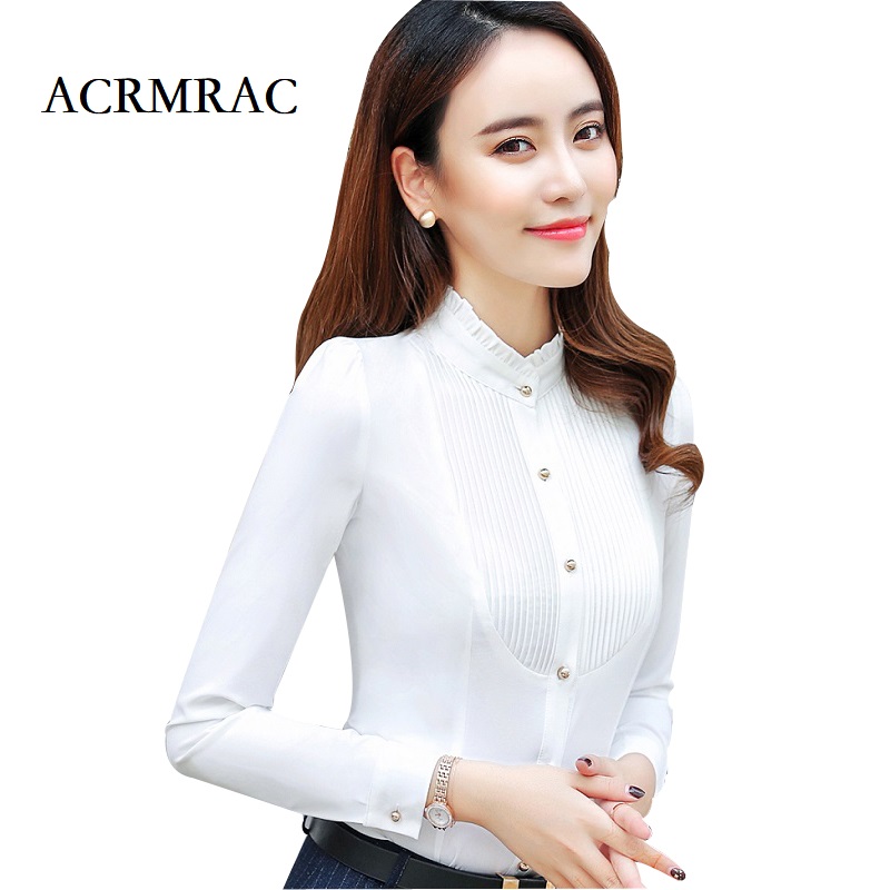 Camisas ACRMRAC para mujer, camisa de verano de estilo, camisa blanca de manga larga con cuello levantado, color sólido, blusas y camisa Formal de negocios OL