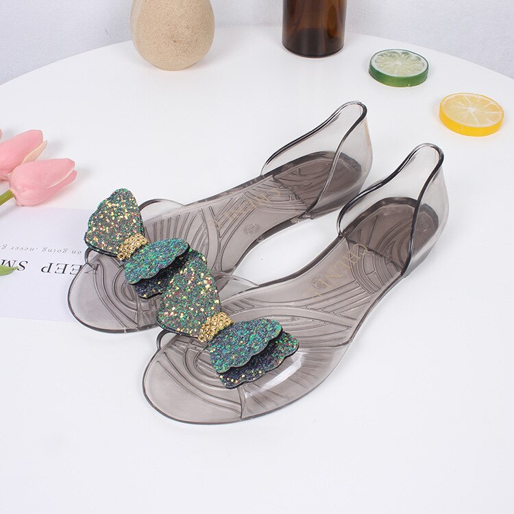 Sandalias de mujer zapatos con los dedos de los pies al aire libre Bling Bow claro transparente playa cómodas sandalias para mujer suave PVC pantuflas de plástico: Green / 39