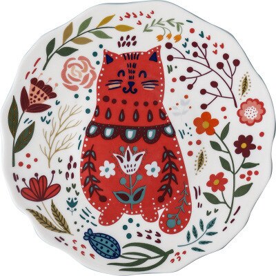 Colorful Cat Dinner Plate Under-glazed Ceramic Dinner Dishes Dessert Tray Flower Kitten Dinnerware Microwave Safe Dessert Plate: Ceramic plate 04