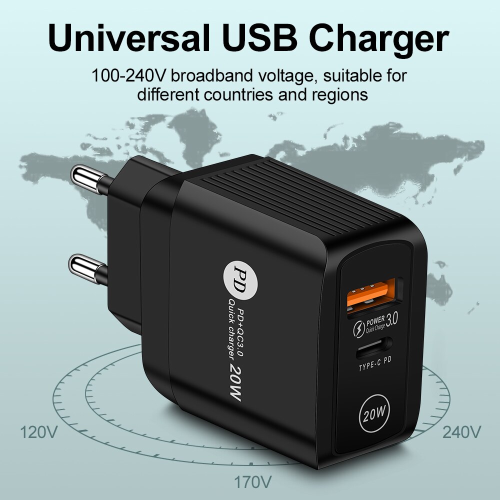 GTWIN PD 20W compatible QC 3.0 fast charging mobile phone charger EU/US/UK Plug quick charge Black For iphone 12 pro