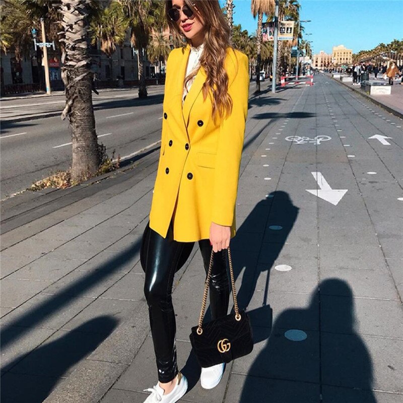 Women's suit jacket spring and summer lapel long sleeve double-breasted suit jacket yellow jacket