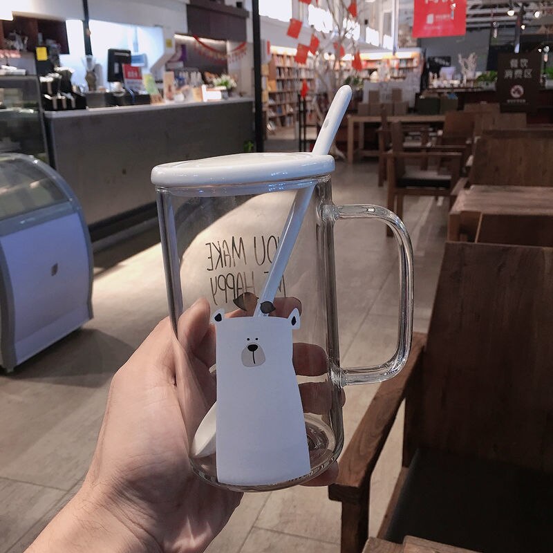 High borosilicate glass Glass Cup Bear Pattern Transparent Glass Bottle Drinking tea cup with Straw with Lid Cute Large Capacity: with cover Spoon7