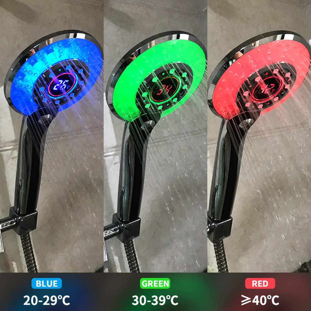 Recableght LED Digital Shower Head Handheld Spa Shower Head Temperature Control Bathroom High Pressure Water Saving Shower Head