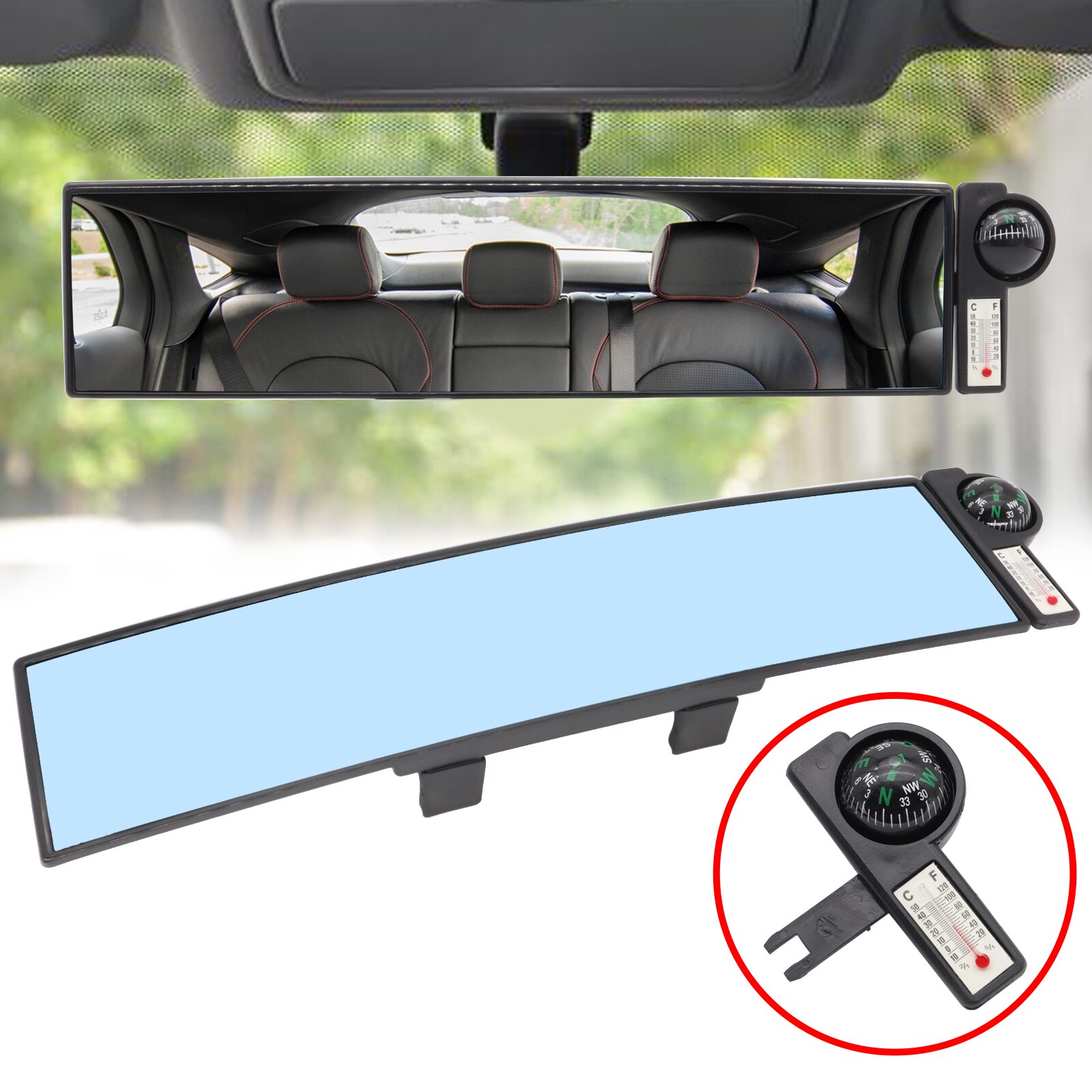 Espejo retrovisor de gran angular para coche, espejo retrovisor Interior antideslumbrante con brújula, punto ciego, enganche en espejos, asiento trasero, reloj azul para bebé y Chico