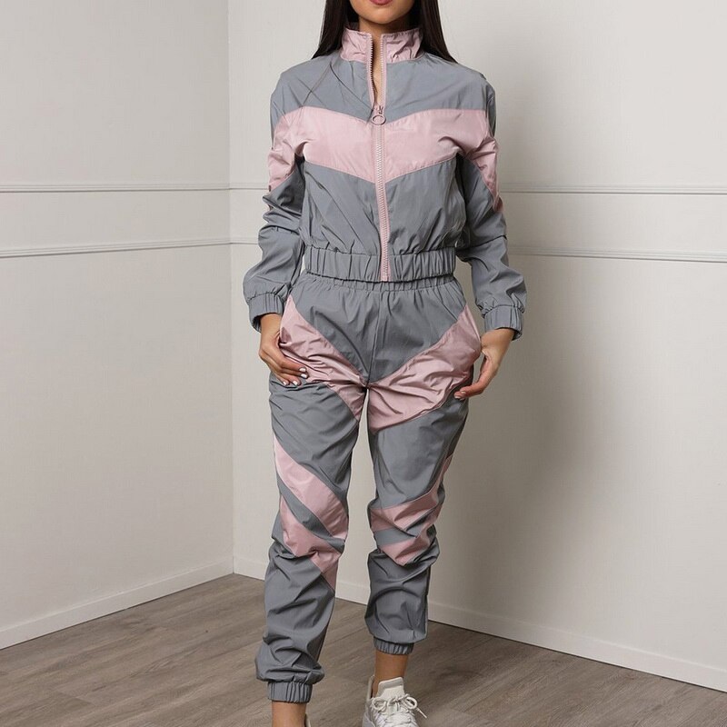 Women Reflective Tracksuit 2 Piece Outfits Sports Sets Spring Running Pants Splicing Long Sleeve Zipper Up Trench Top Suits