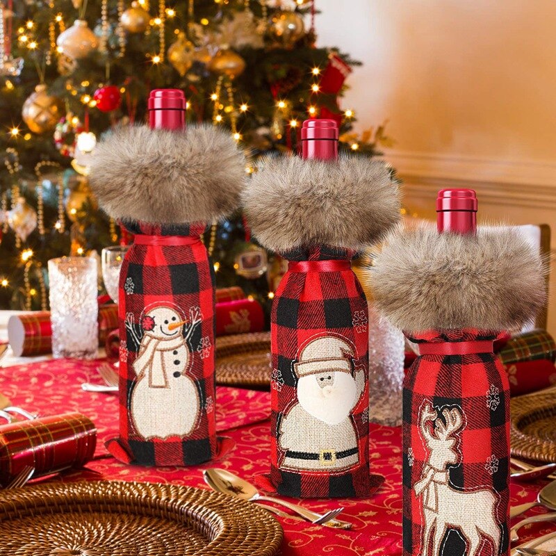 6 stykker julebøffel plaid vinflaske betræk dekorativ vinflaske sweater med faux pels krave holder poser