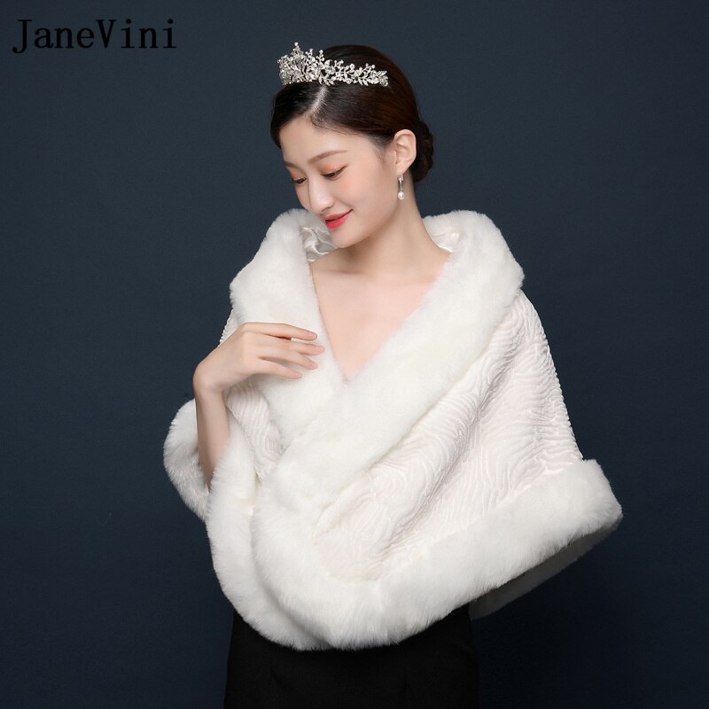 JaneVini Winter White Fur Cape Shawl for Women Wedding Boleros Stole Red Faux Fur Formal Party Wrap Shrugs Jacket Chale Fourrure