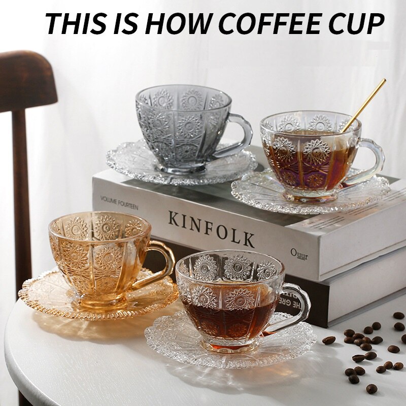 Tasses à café Vintage à motif de fleurs en Relief, de luxe, pour l'eau, le thé, le lait, verres à café condensés, ensemble avec soucoupes