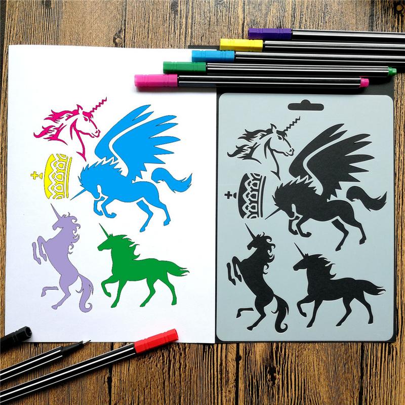 Animal Stencils Set 12 Pcs with 10 Fineliner Color Pen Plastic Drawing Painting Templates Scrapbooking Kids DIY Crafts Featu