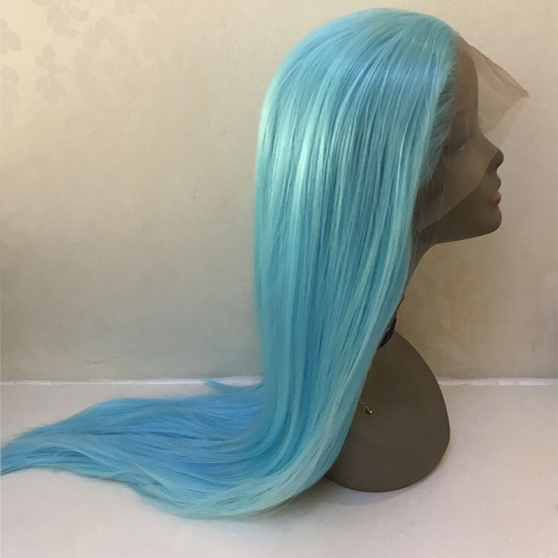 Pelo sintético liso azul cielo de Bombshell, peluca con malla frontal, línea de pelo Natural sin pegamento, pelo de fibra resistente al calor para pelucas de mujer