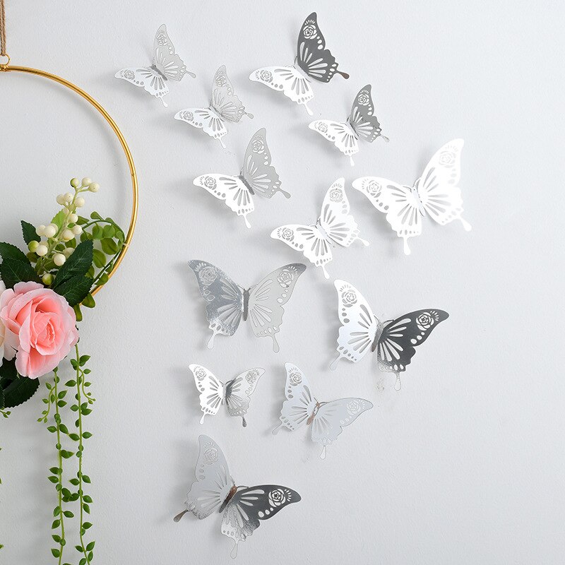 Autocollant mural papillon ajouré 3D, 12 pièces/ensemble, or argent, Rose, décoration de mariage, décor de salon, de maison: Silver E