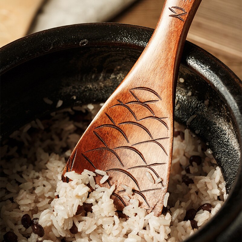 2 pçs colheres de arroz de madeira pá colher de cozinha de madeira bonito peixe forma colher de arroz sobremesa colheres de servir de batata utensílios de cozinha de madeira