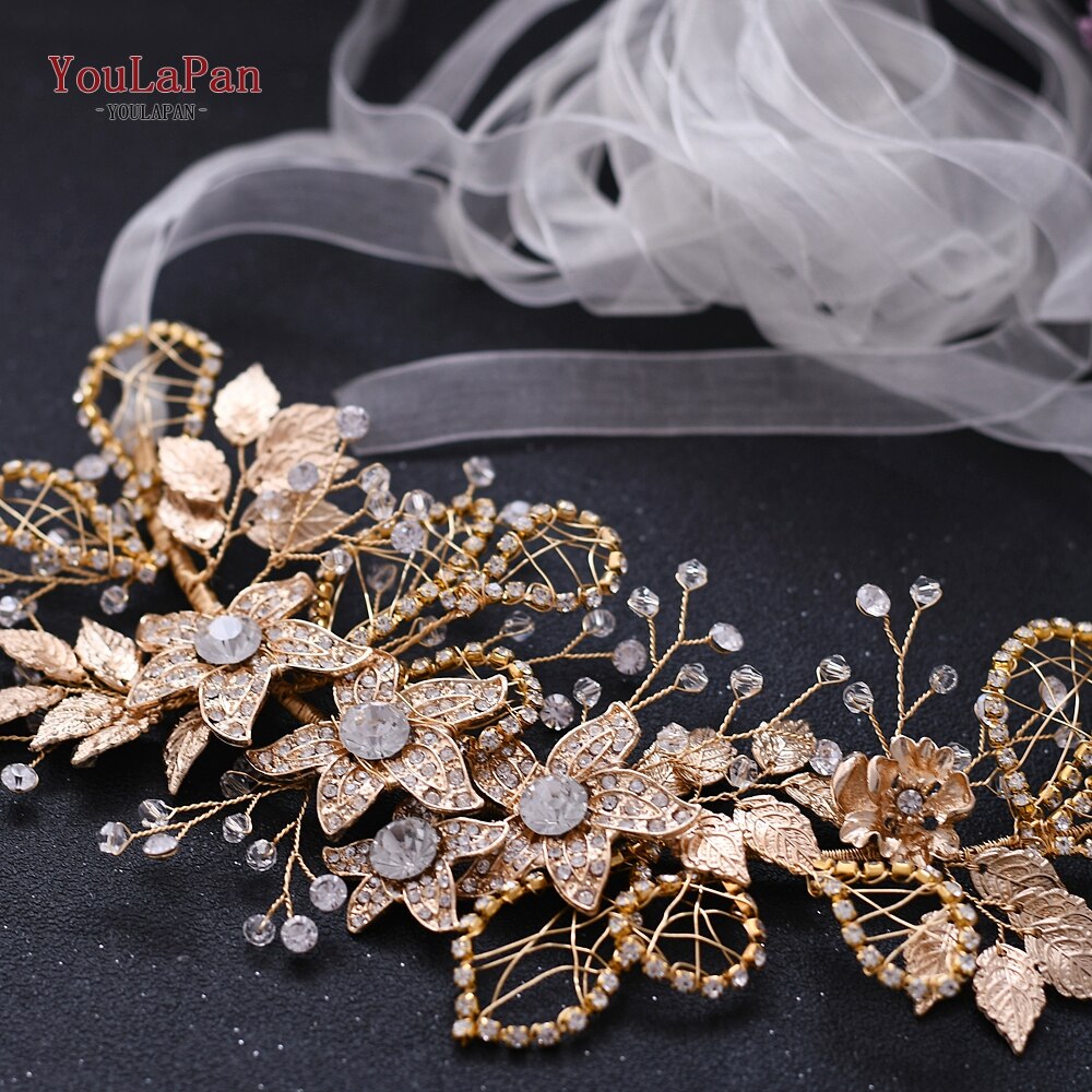 YouLaPan, cinturón Floral con diamantes de imitación, cinturón dorado para mujer, cinturón brillante, cinturones de boda para señora, cinturón nupcial con flores doradas SH282