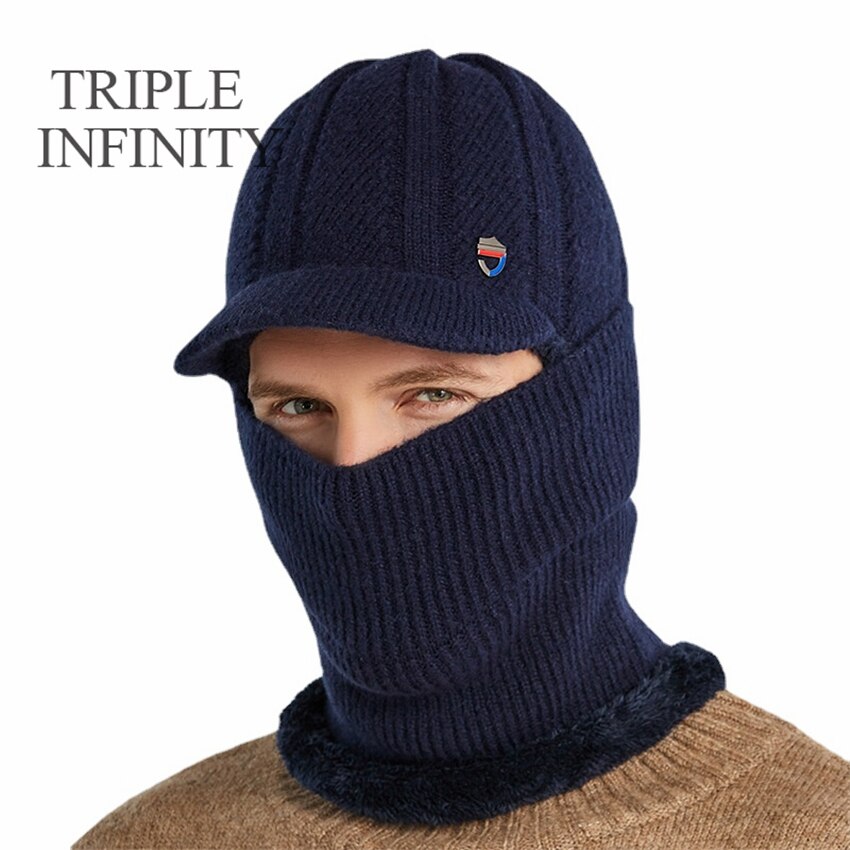 TRIPLE INFINITY Winter Men Knitted Hat Thick Windproof Dust-proof Sun Visor Hats Outdoor Cycling Warm Bonnet Male Baseball Cap: Hat And Scarf C