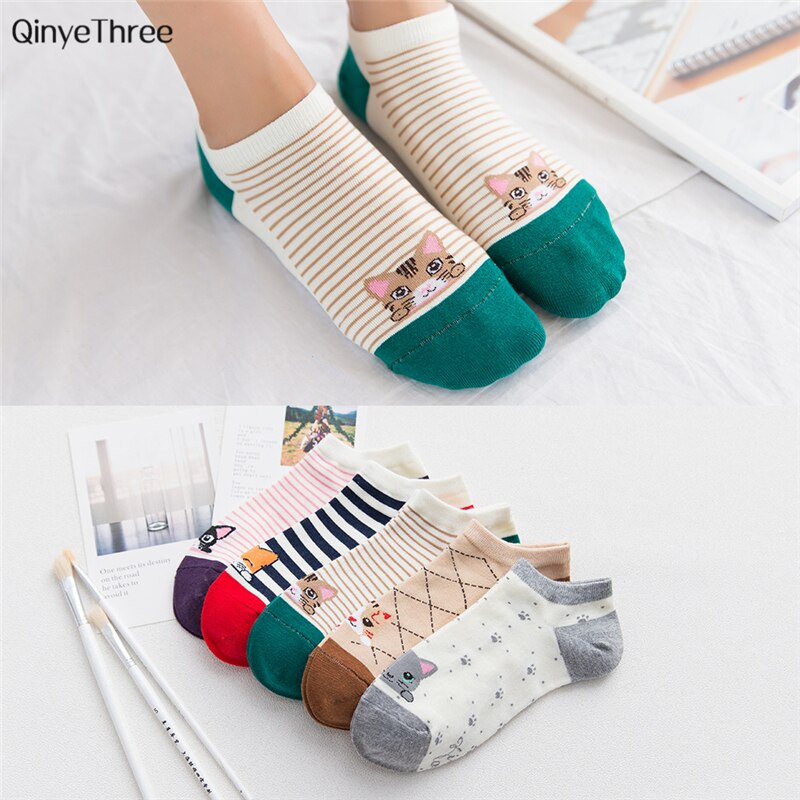 Summer Soft Socks Cartoon CAT comfortable cotton bamboo fiber girl women&#39;s socks ankle sock female candy color hosier 1pair=2pcs