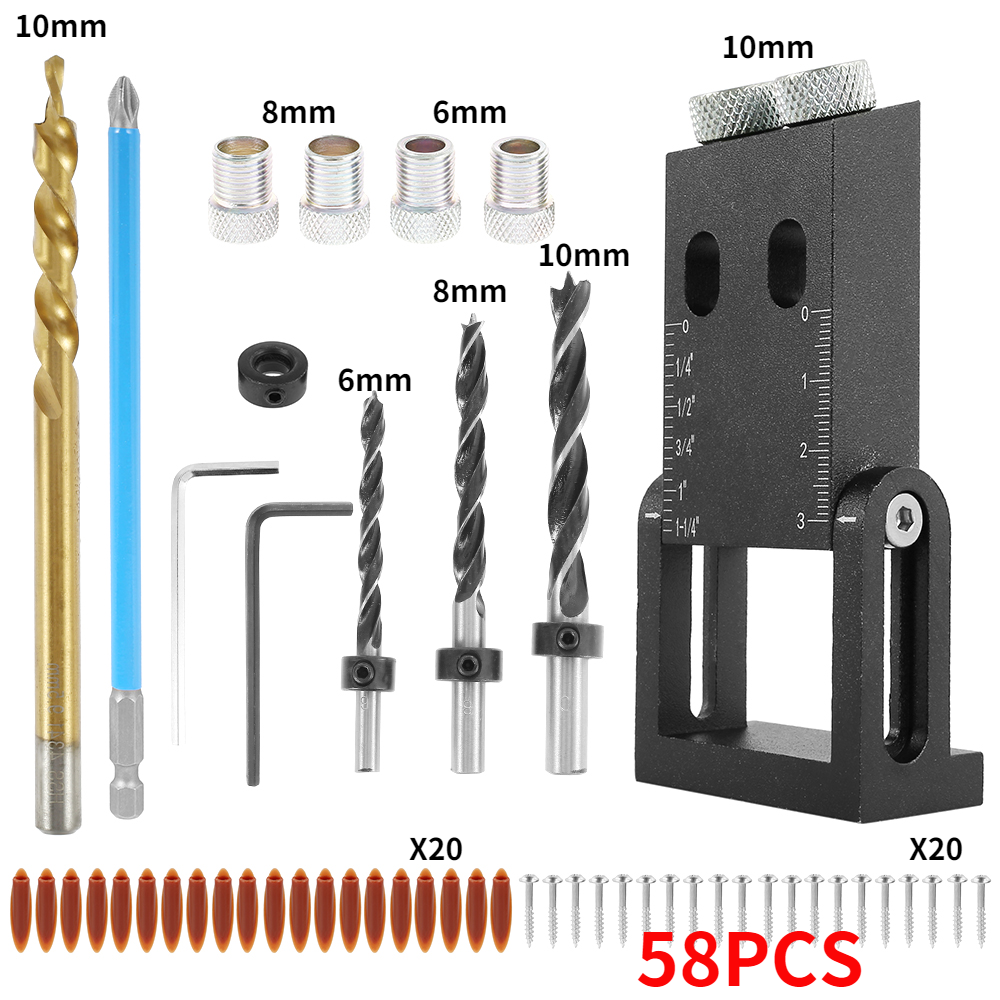 Pocket Hole Jig Kit 15-Degree Angle Drill Guide Woodworking Drill Angle Guide Hole Puncher Locator Jig Oblique Hole Holder Kit: 58PCS