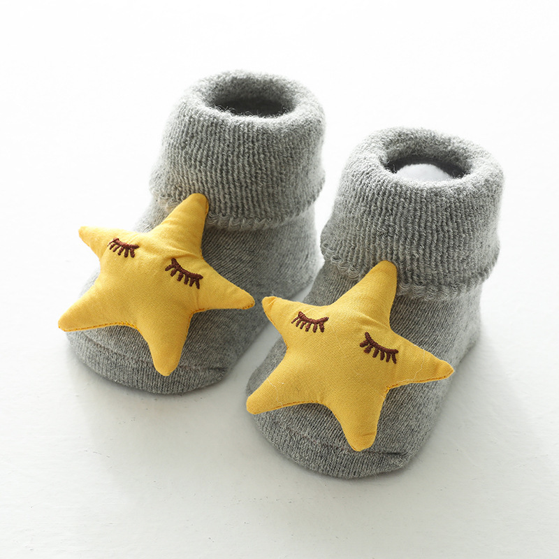 2021 calzini carini invernali accessori per neonati Cartoon Baby Boy Girl calzini per bambini calzini antiscivolo addensati Calcetines Bebe: Grey stars / S(foot length9-12cm)