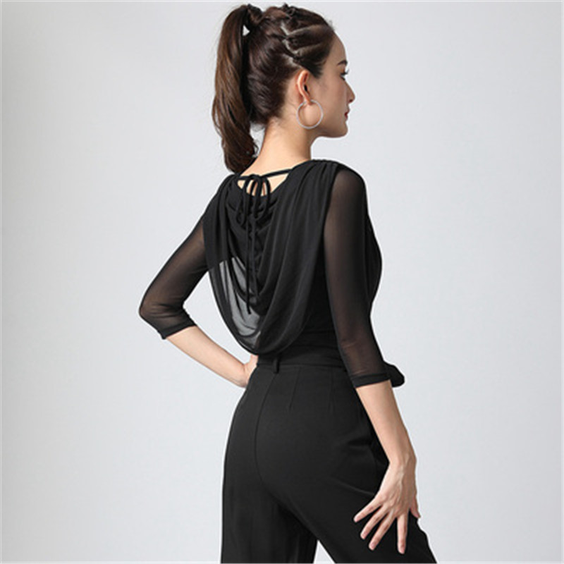 Vêtements de danse latine, chemise de danse standard nationale pour femmes, à manches mi-longues, en maille, de salle de bal moderne, tissu d&#39;exercice à col rond,