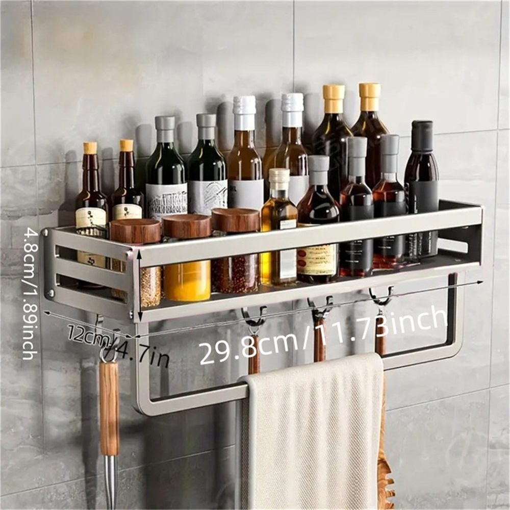 Aluminum Wall-Mounted Spice Rack Multifunctional Item Storage Shelf Kitchen Tools Storage Hooks Space Management Solution: Dark Khaki