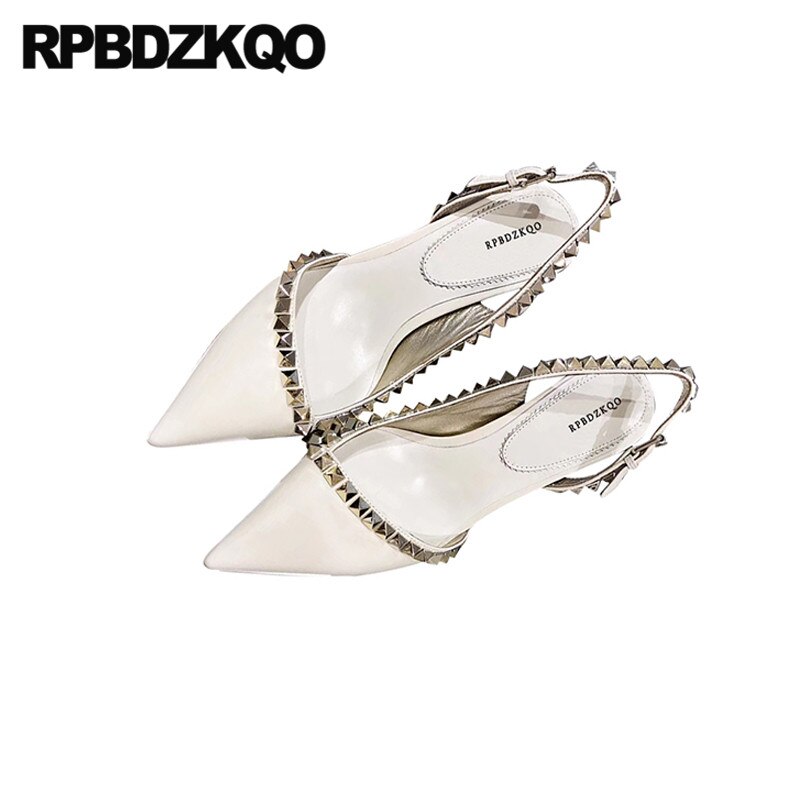 Pumps spetsad tå dam beige höga klackar märkesskor dam stud metall storlek 4 34 nit slingback tunn 3 tum