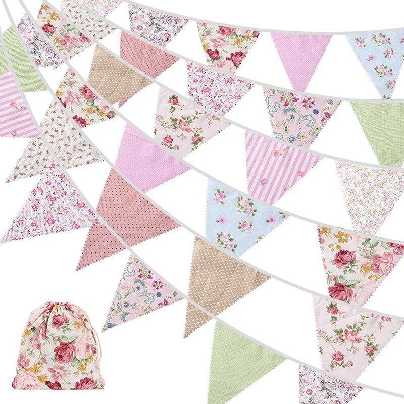40Ft Fabric Bunting, 42Pcs Outdoor Bunting Banner,Floral Vintage Cotton Triple-cornered Flag for Garden Birthday Party: Default Title