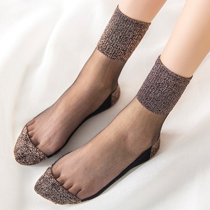 Kvinnor sommar glitter siden tunna strumpor dam spets mesh glänsande elastiska strumpor patchwork färger kristall genomskinliga vriststrumpor 8 färger: Brun