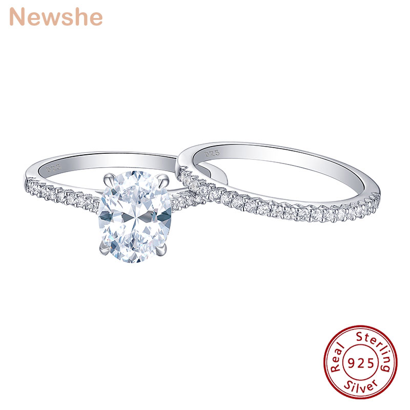 Newshe 2-teiliges Verlobungsring-Set aus 925er-Sterlingsilber, 1,9 ct ovale Form, AAAAA-Zirkon-Schmuck, Ewigkeits-Ehering BR0943