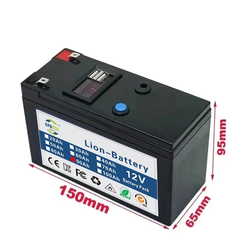 Batterie Li-ion 18650 12V 90Ah, BMS intégré, pour pulvérisateur, véhicule électrique, lampe LED, Batterie Lithium haute capacité