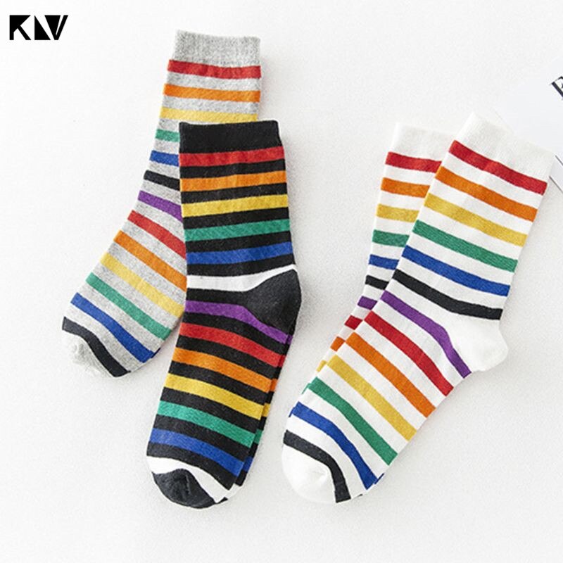 Women Teen Girls Harajuku Rainbow Striped Crew Socks Preppy Style Hip-Hop Skateboard Cotton Novelty Sports Short Tube Hosiery