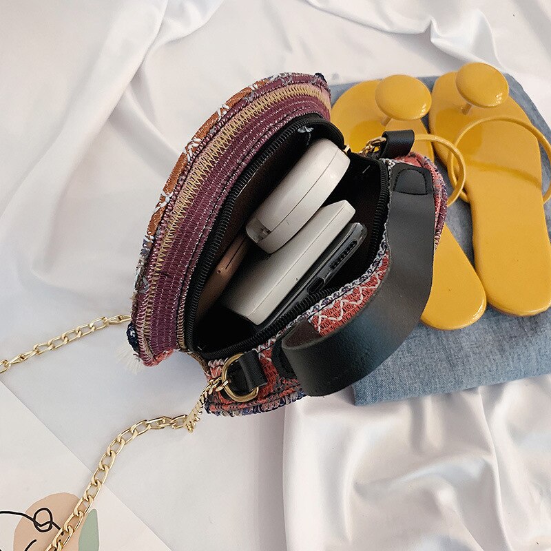 HUNI Women Bag National Wind Small Bags Female Tassel Portable Round Bag Woven Shoulder Bags