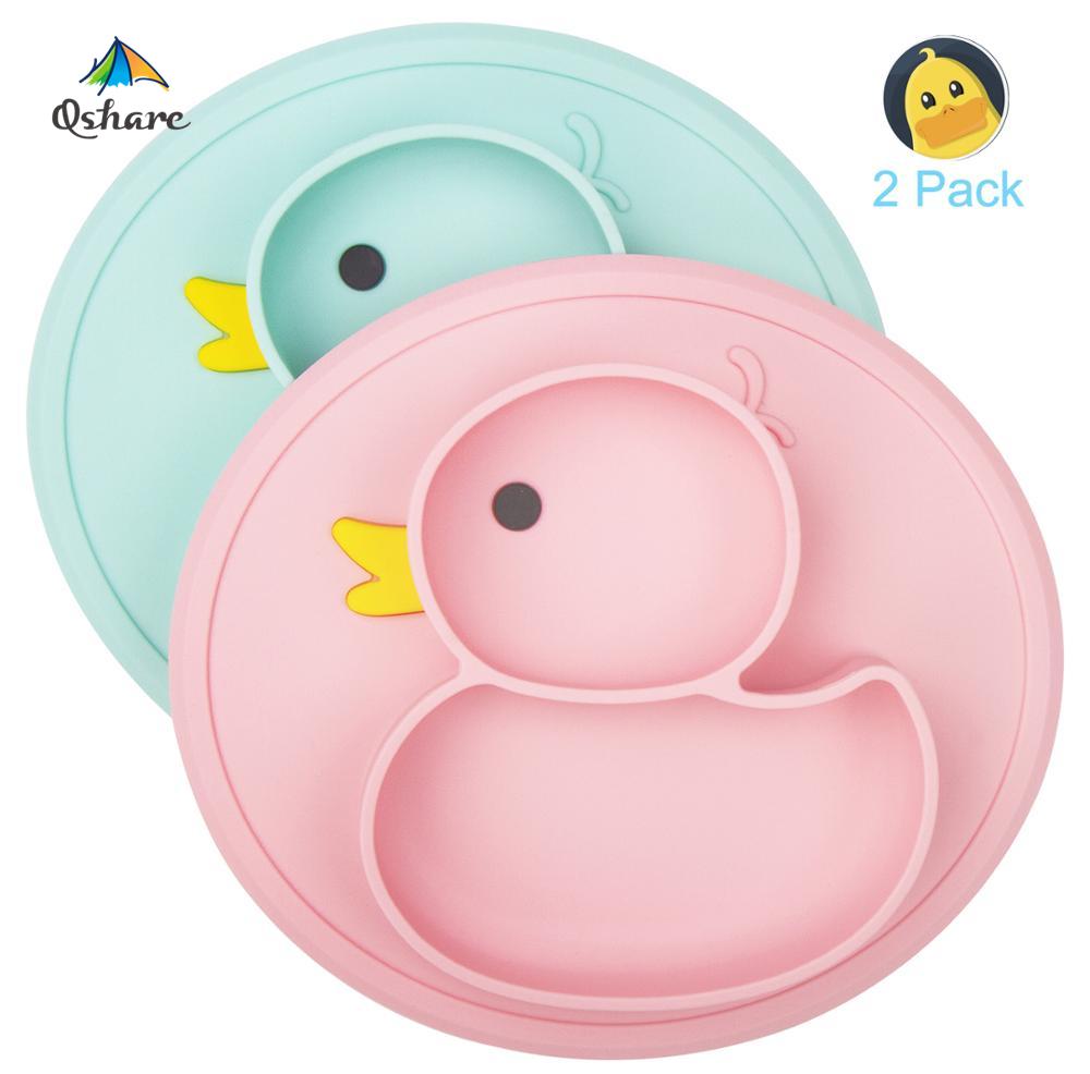 Qshare, 2 uds., platos para bebés, platos de pato, tapete de silicona, charola de succión, antideslizante, platos de comida para niños, platos de alimentación de frutas para bebés