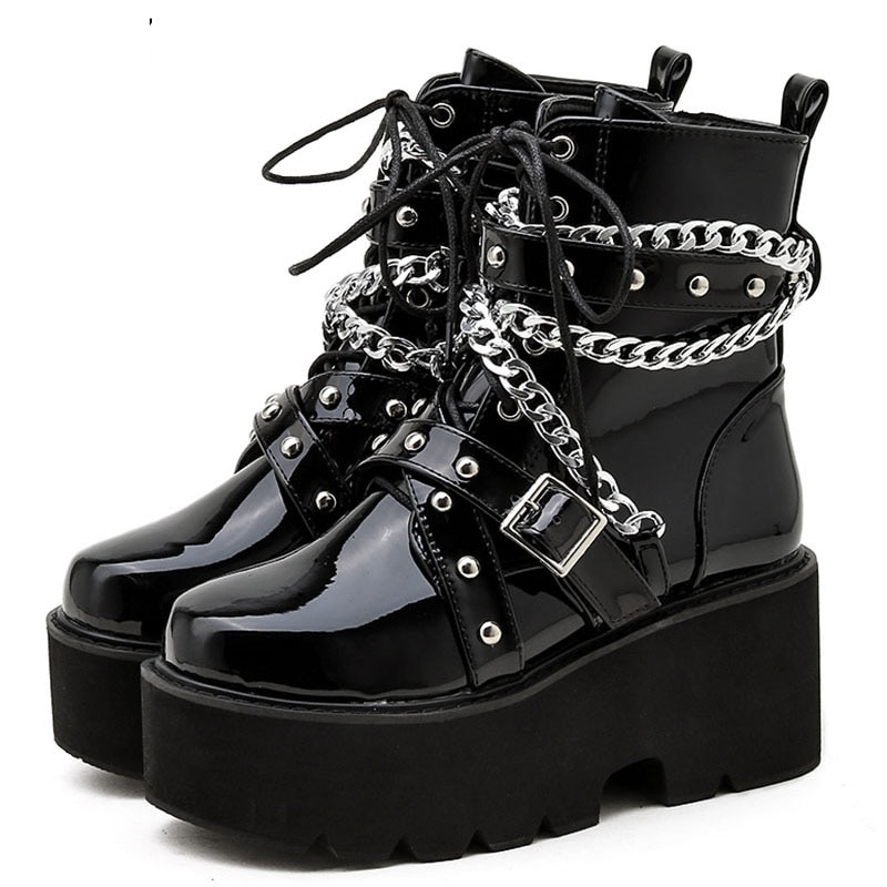 Skor på plattform kvinnor tjockt höga klackar punk stil svarta stövlar skor kedjelit demonia goth rund tå damer motorcykel  y2k