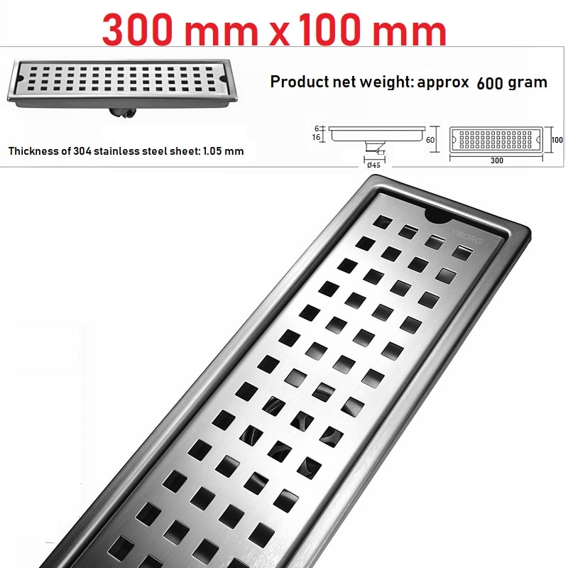 VIBORG 300mm x 100mm Deluxe 304 Rvs Extra dikke Rechthoekige Badkamer Douche Linear Afvoerputje Stainer drainage