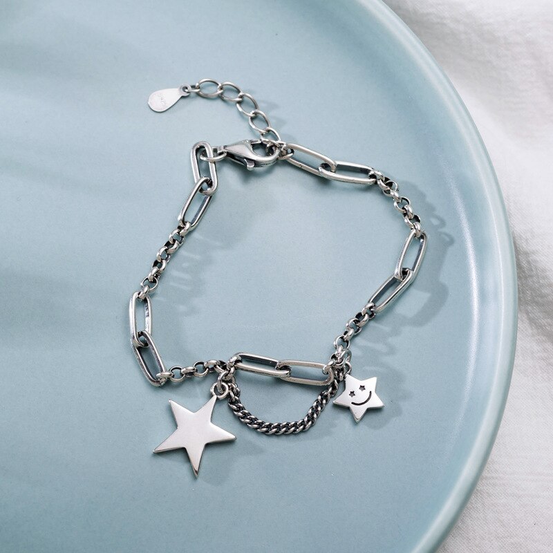 S925 stempel lachend gezicht ster thaise zilveren kleur armband kwastje ketting armband voor vrouwen sieraden s -b381