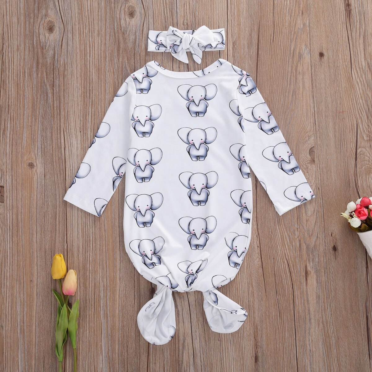 0-6M Pasgeboren Baby Meisjes Jongens Slapen Baby Lange Mouwen Cartoon Leuke Olifant Print Beddengoed Slapen Set met Boog Hoofdband