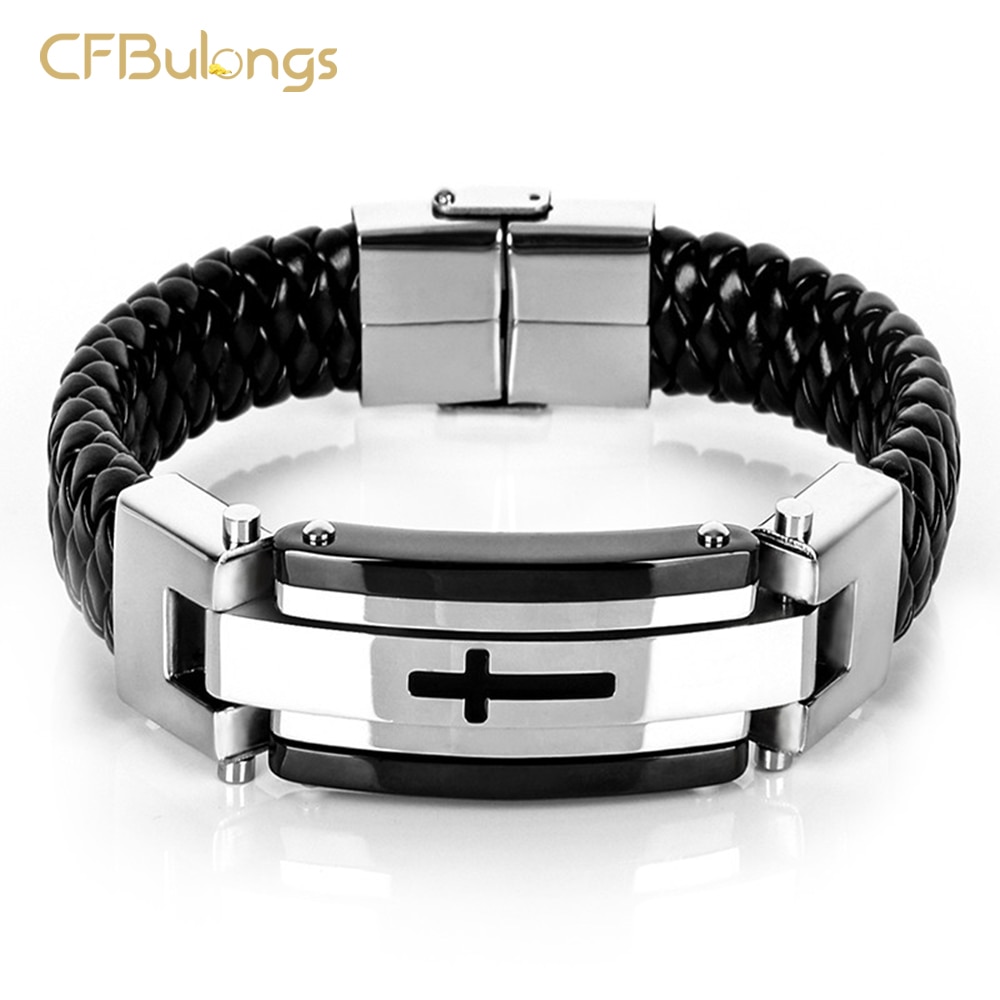 CFBulongs Classic Cross Stainless Steel Braided Leather Men's Bracelet Casual Wristband Punk Jewelry Christmas