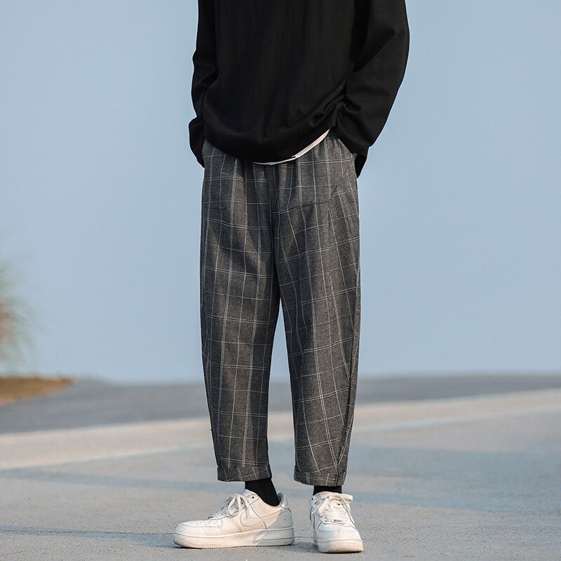 Efterår casual bukser herre vintage bomuld plaid bukser ankel længde vasket snor ternede harem bukser mandlige: M / Mørkegrå