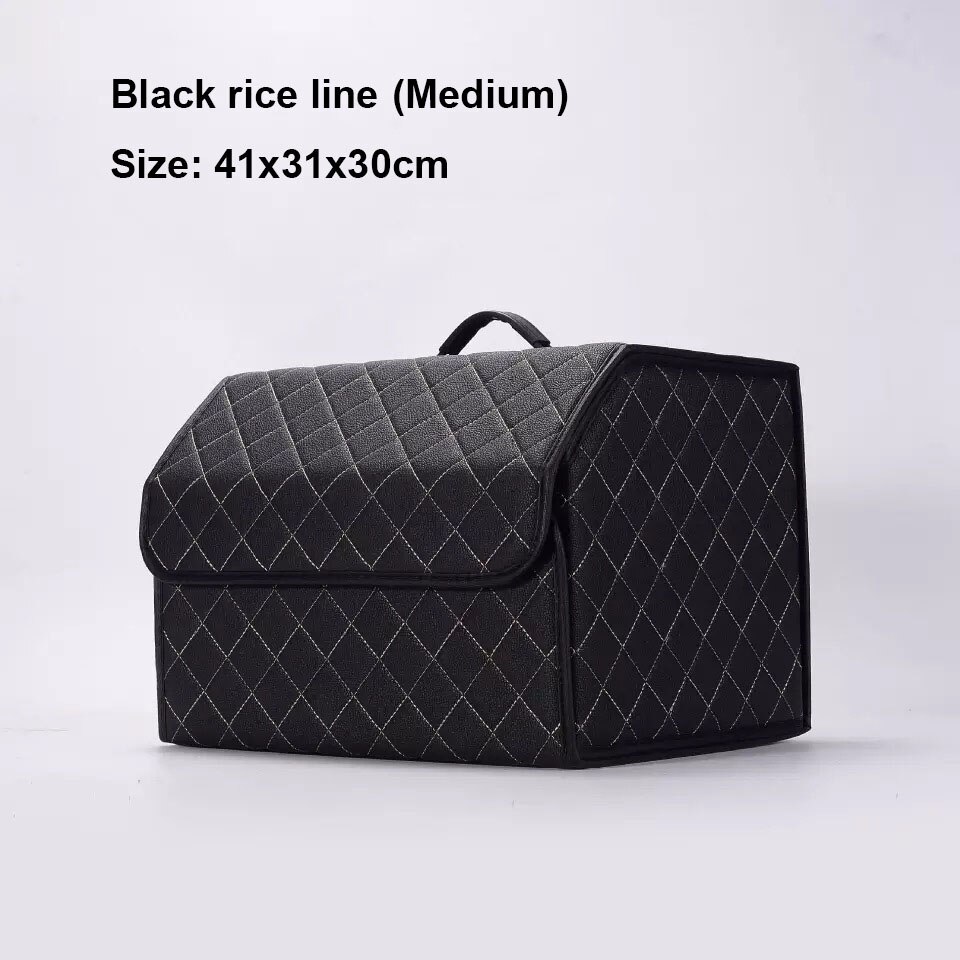 Car storage bag PU leather trunk storage box storage bag foldable car trunk storage and finishing high-end luxury storage box: Black rice medium