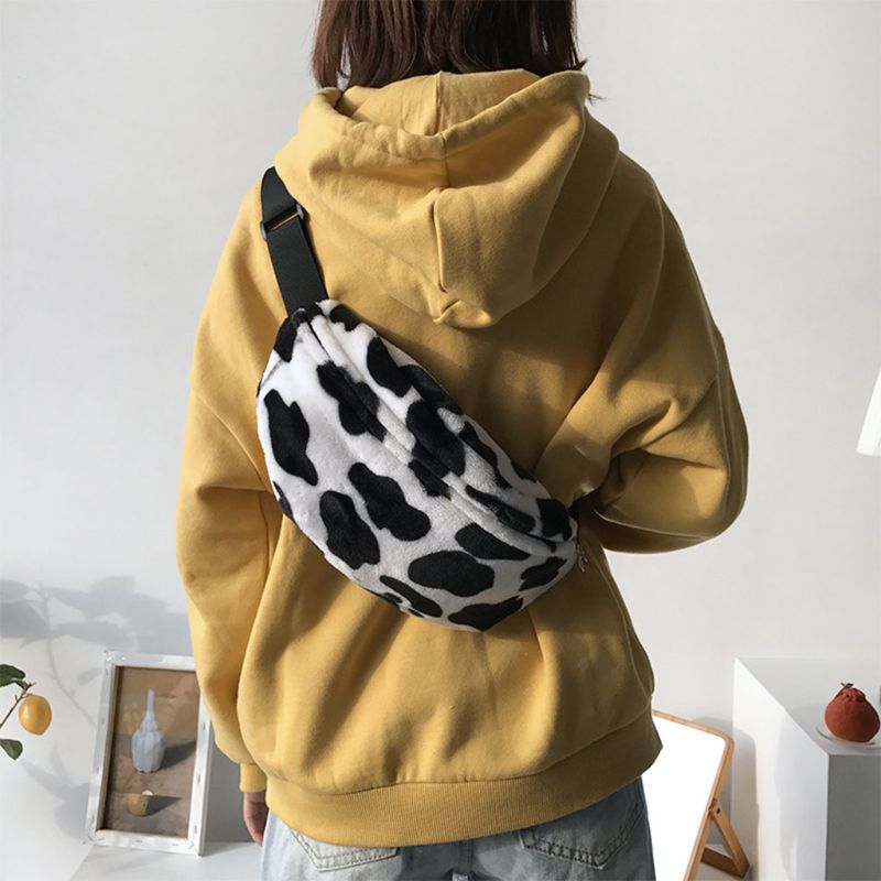 Kvinder ko print plys talje taske fanny pack pose sportsbælte hofte bryst crossbody skulder pung
