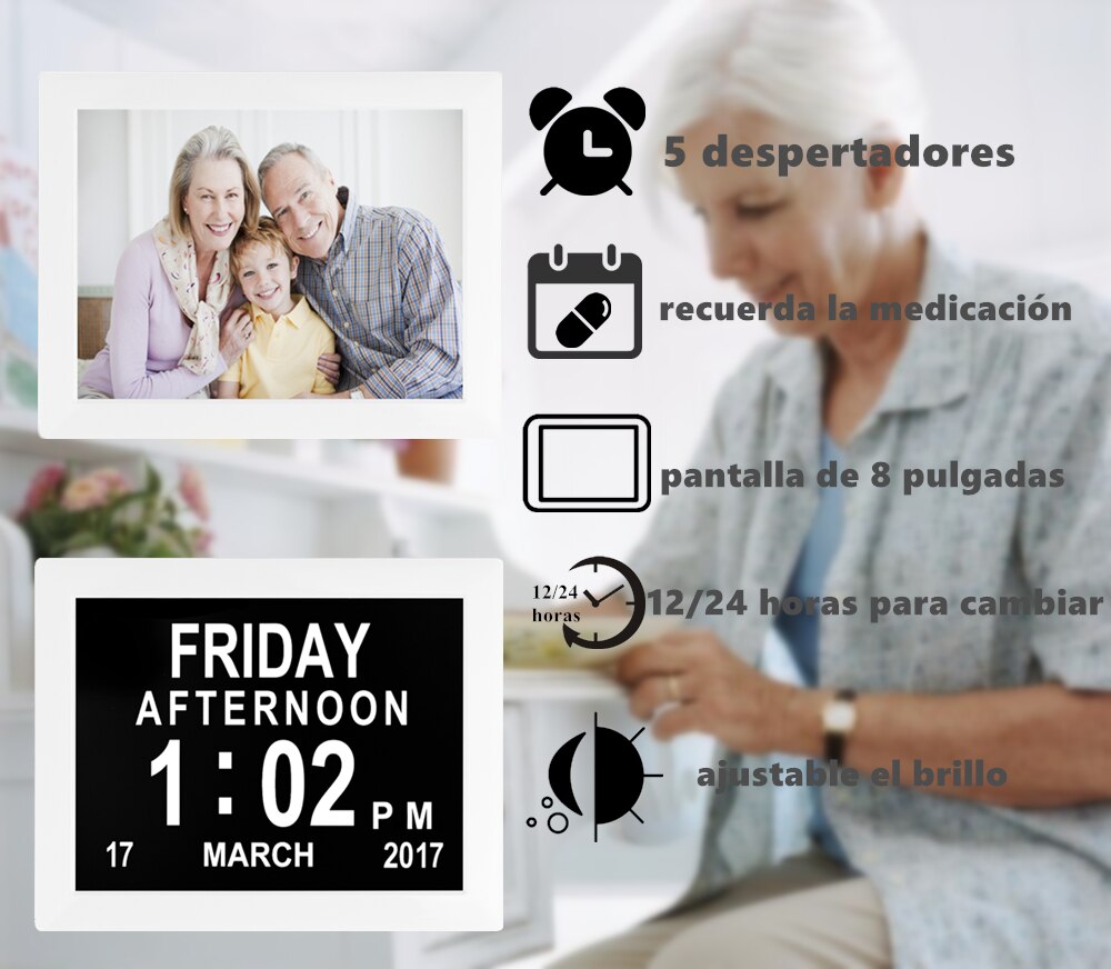 Digital kalenderklokkeramme for bilder musikkvideoer for eldre og pasienter 8 alarmalternativer og medisinpåminnelser