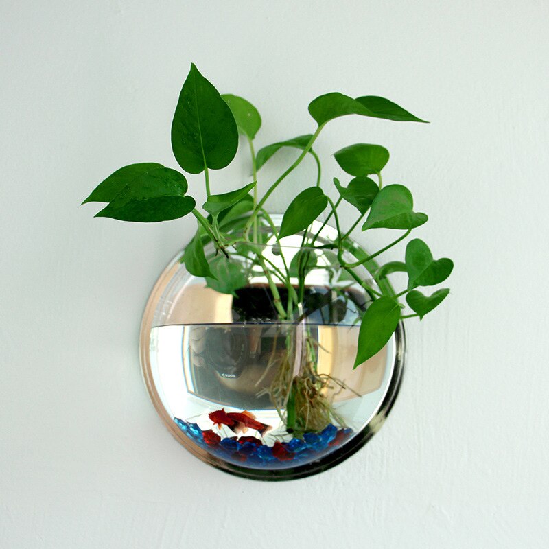 Mini acuario colgante de pared para interior, , ecológico, pared de salón, acrílico Escritorio, pecera dorada: Round mirror230mm