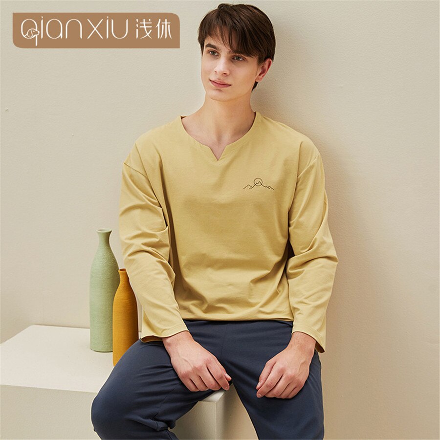 Sleepwear Male Spring Autumn Cotton Bamboo Fiber Men Pajamas Set Casual Long Sleeve + Long Pants 2 Pieces Men's Pajama Pullover