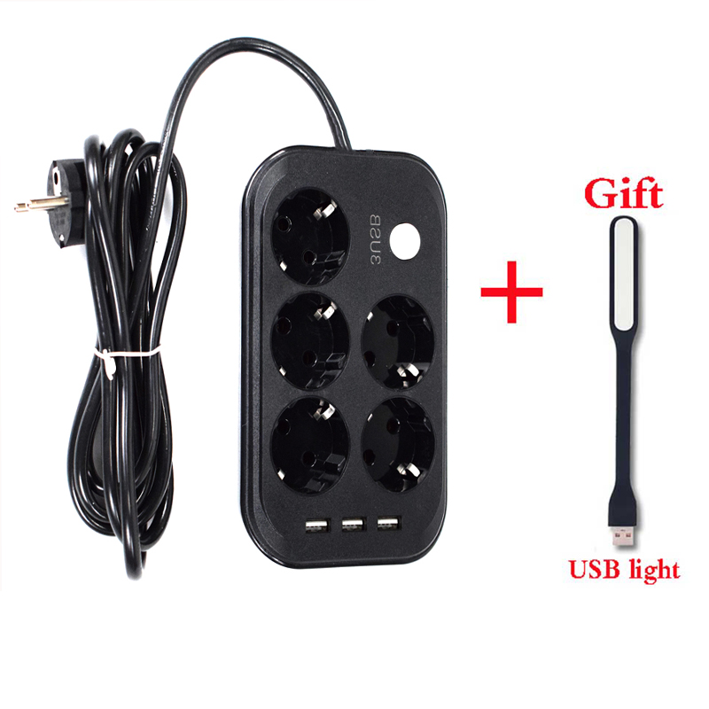 2 Round Pin EU Power Strip With 3 USB Portable Extension Socket European RUS Spain Plug 1.8m Cable Power Strip Travel Adapter: with USB light